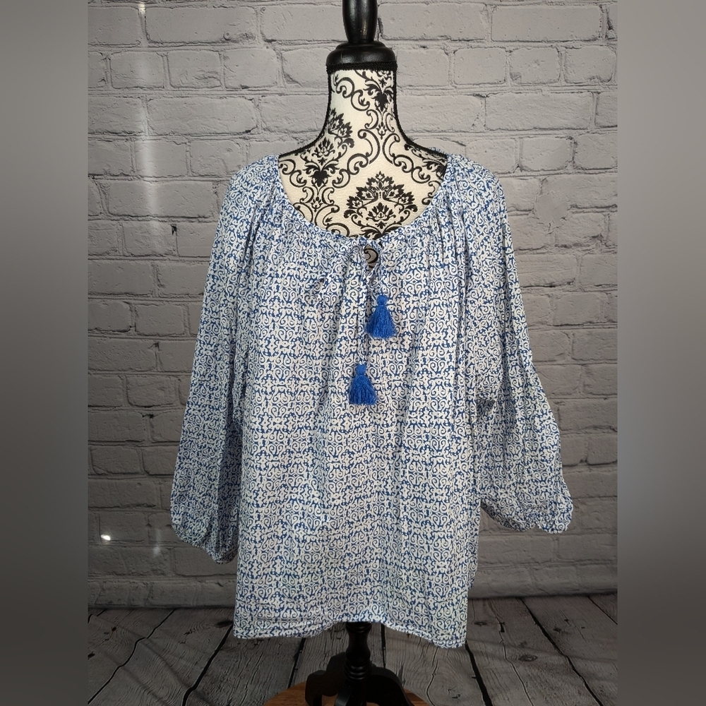 J.Crew Women's Long Sleeve Geo Print Popover 3x Top Tie Front 100% Cotton B1